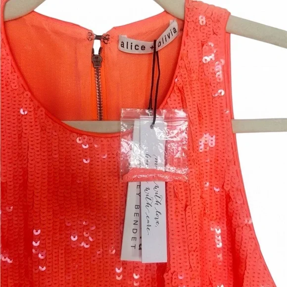 Alice + Olivia Cara Orange Sequined Mesh Sleeveless Mini Dress Size 2 - Picture 12 of 16